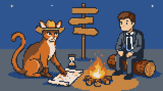 Pixel art: the Meowdy cat and a business owner talk it over by a campfire at a crossroads.
